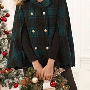Plaid Double-Breasted Cape Sweater - Green/Black